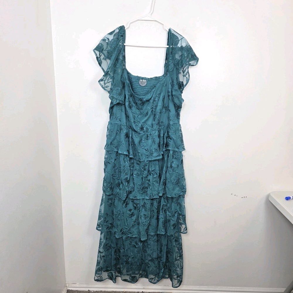 Arula Blue Floral Tiered Ruffle Feminine Romantic Dressy Maxi Dress Size 2X